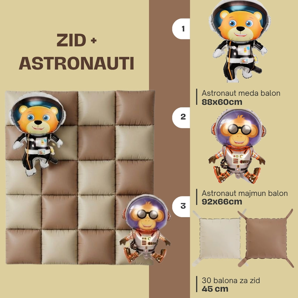 Dekorativni braon-bež zid od balona sa folija balonima u obliku mede i majmuna u astronautskim odelima.