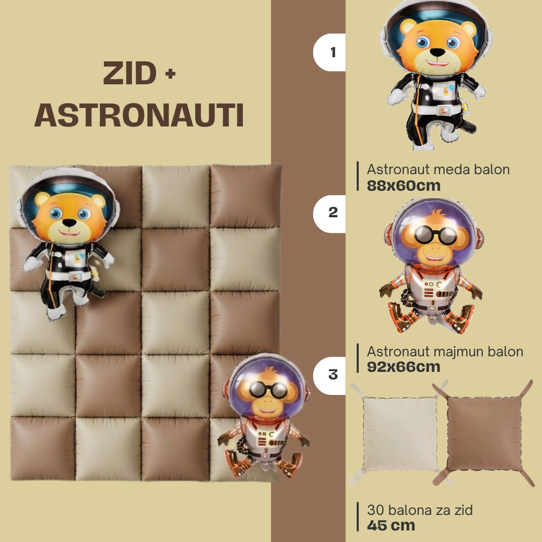 Dekorativni braon-bež zid od balona sa folija balonima u obliku mede i majmuna u astronautskim odelima.