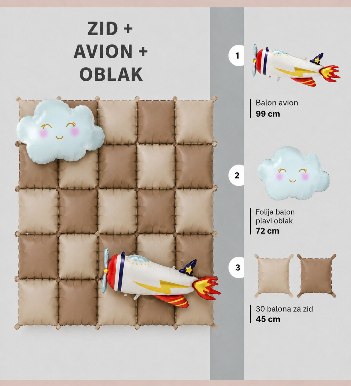 Set balona zid avion i oblak za dekoraciju dečijeg rođendana