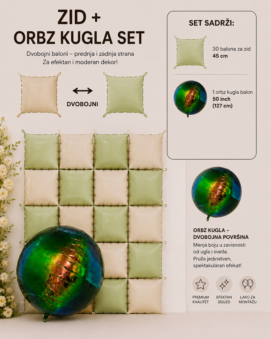 Zid od balona sa velikom orbz kuglom za dekoraciju rodjendana
